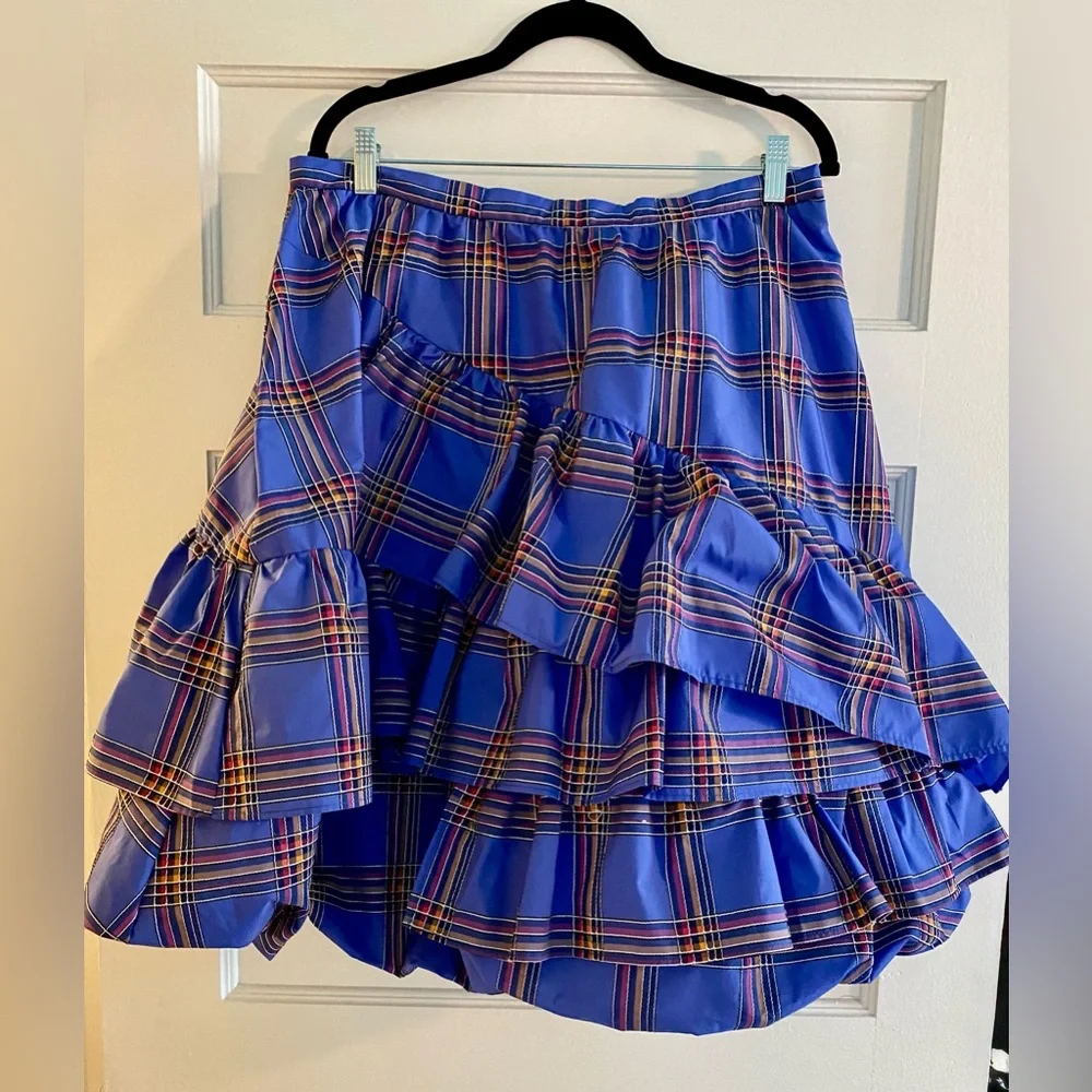 Anthropologie Maeve blue plaid tiered ruffle taffeta bubble skirt - Picture 2 of 5
